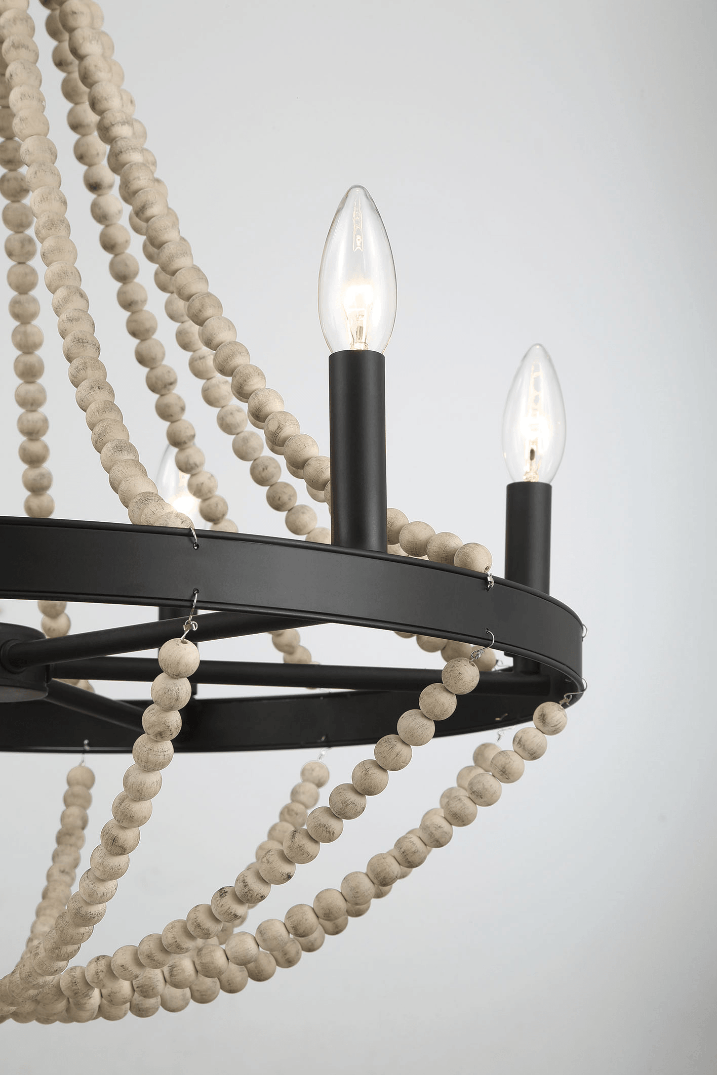 Starry Wood Chandelier Farmhouse Six Candle Light Wood Beaded Black Pendant Light for Dining Room FredCo