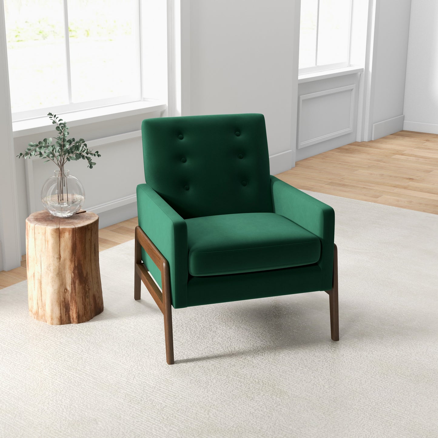 Modern green accent chair with wooden legs in bright living room, FredCo International furniture