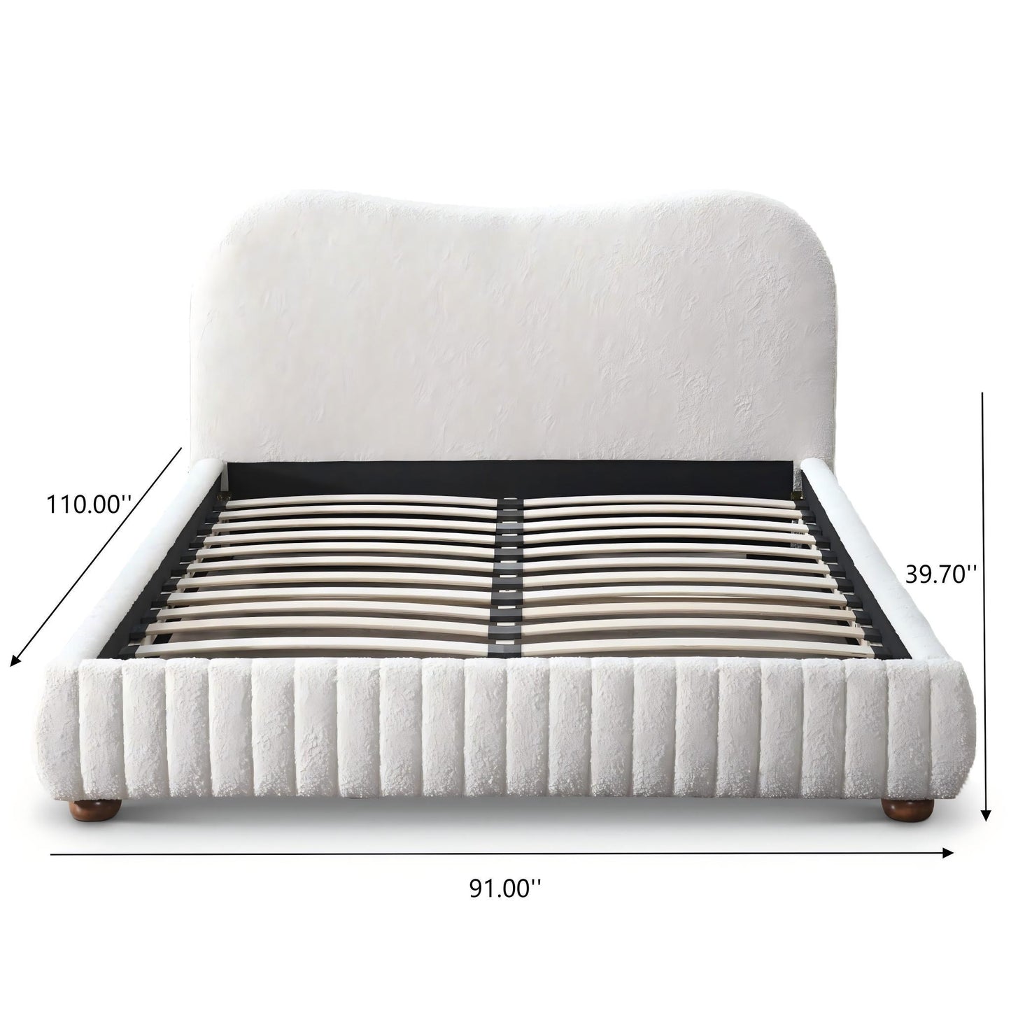 Modern upholstered bed frame with measurements, white fabric, ribbed base, FredCo International