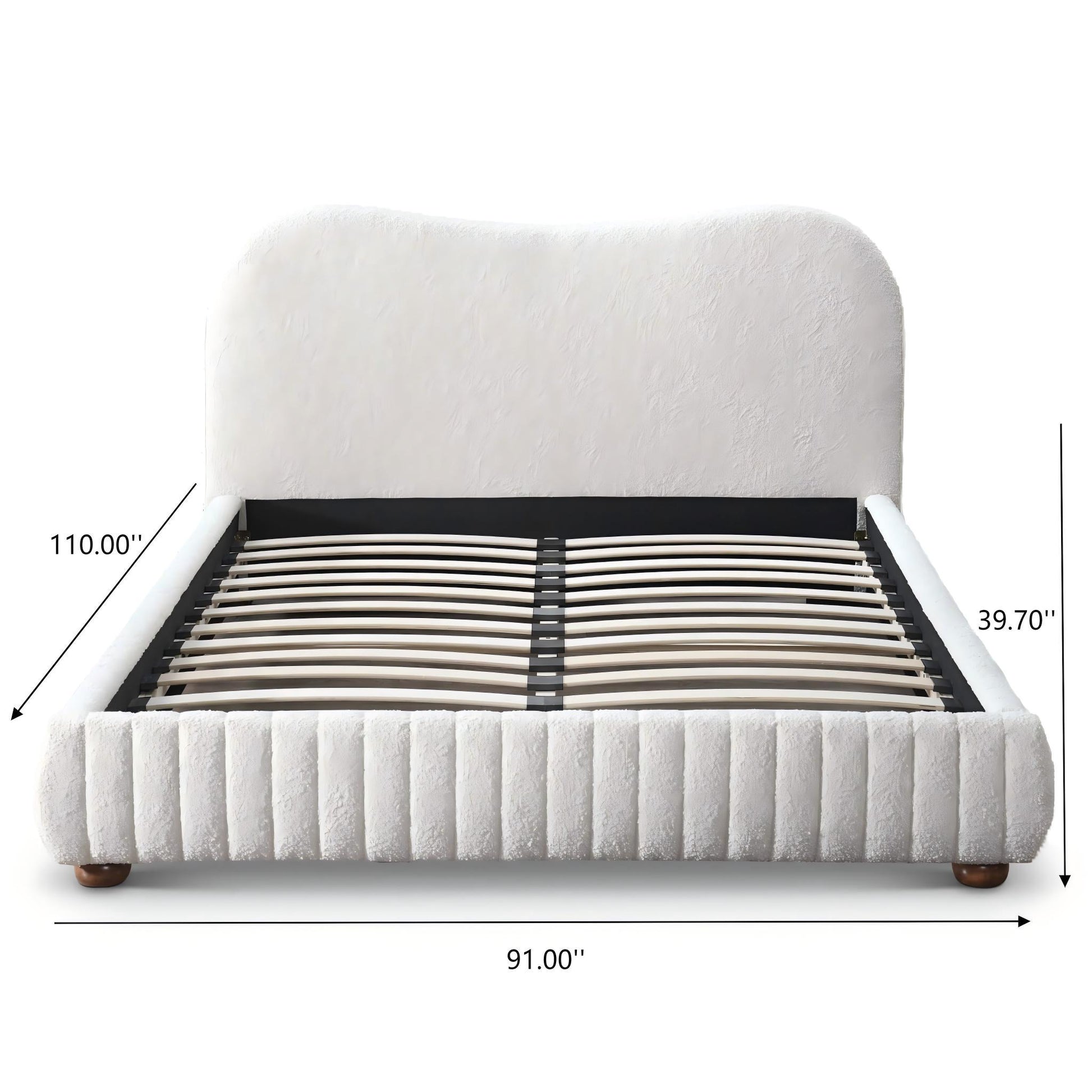 Modern upholstered bed frame with measurements, white fabric, ribbed base, FredCo International
