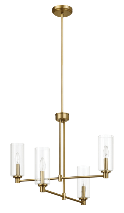 Enigma Four Lights Chandelier With Clear Ribbed Glass -Satin Brass FredCo