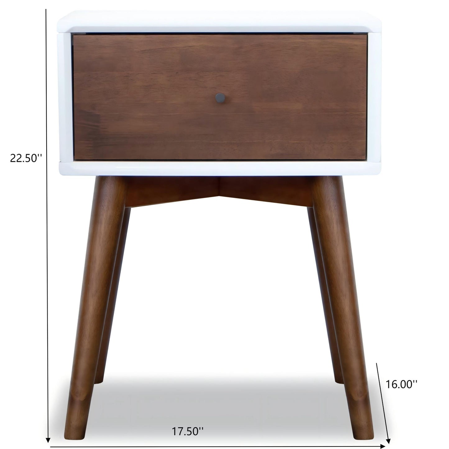 Mid-century modern wood nightstand with drawer, white trim, and size dimensions displayed