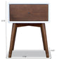Mid-century modern wood nightstand with drawer, white trim, and size dimensions displayed