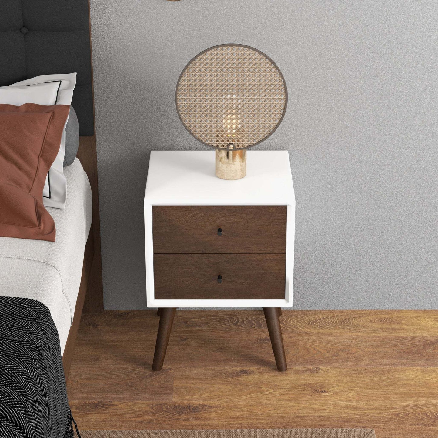 Caroline Mid Century Modern Style 2-Drawer White Night Stand Solid Wood 23.6'H x 17.7'W x 15.7'D FredCo