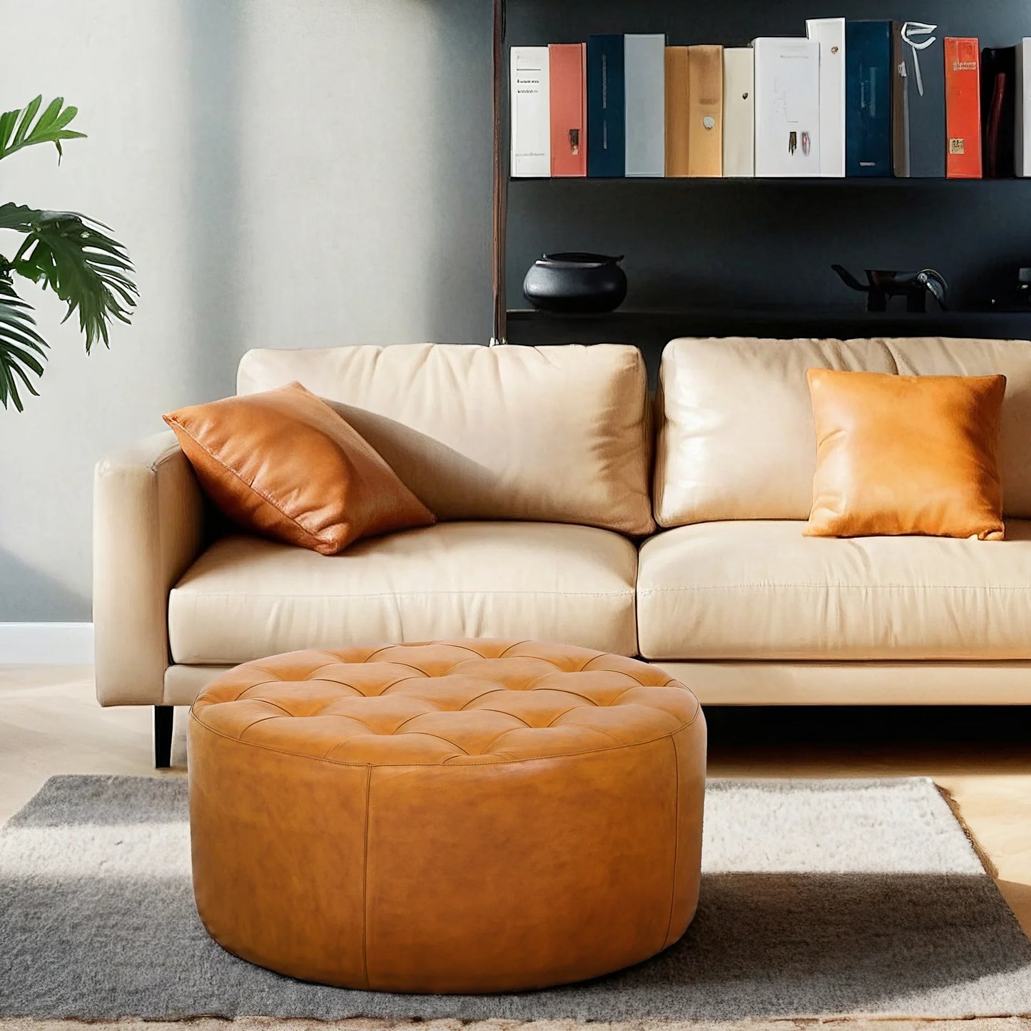 Modern living room with beige sofa, tan leather ottoman, and bookshelf decor from FredCo International
