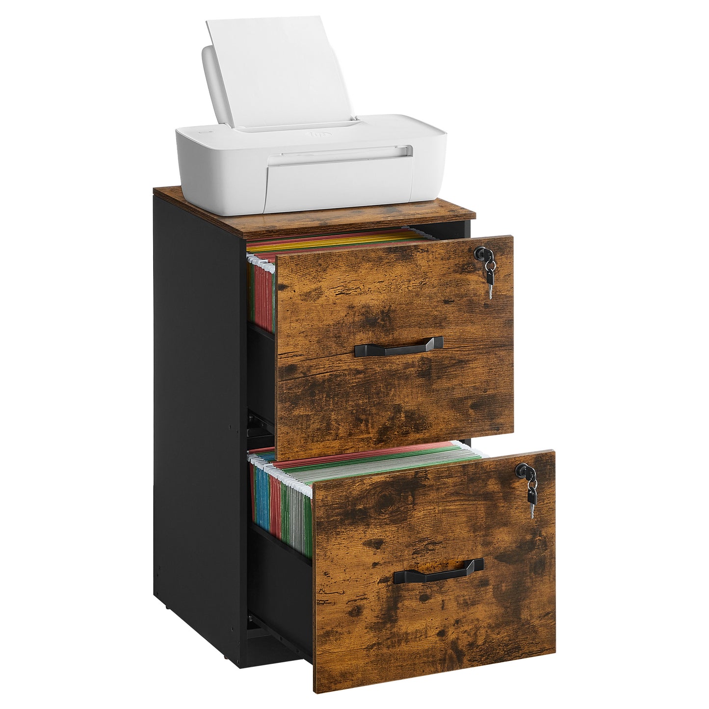 VASAGLE 2 Drawers File Cabinet with Lock, Printer Stand, Rustic Brown and Ink Black – Rustic Brown, Black