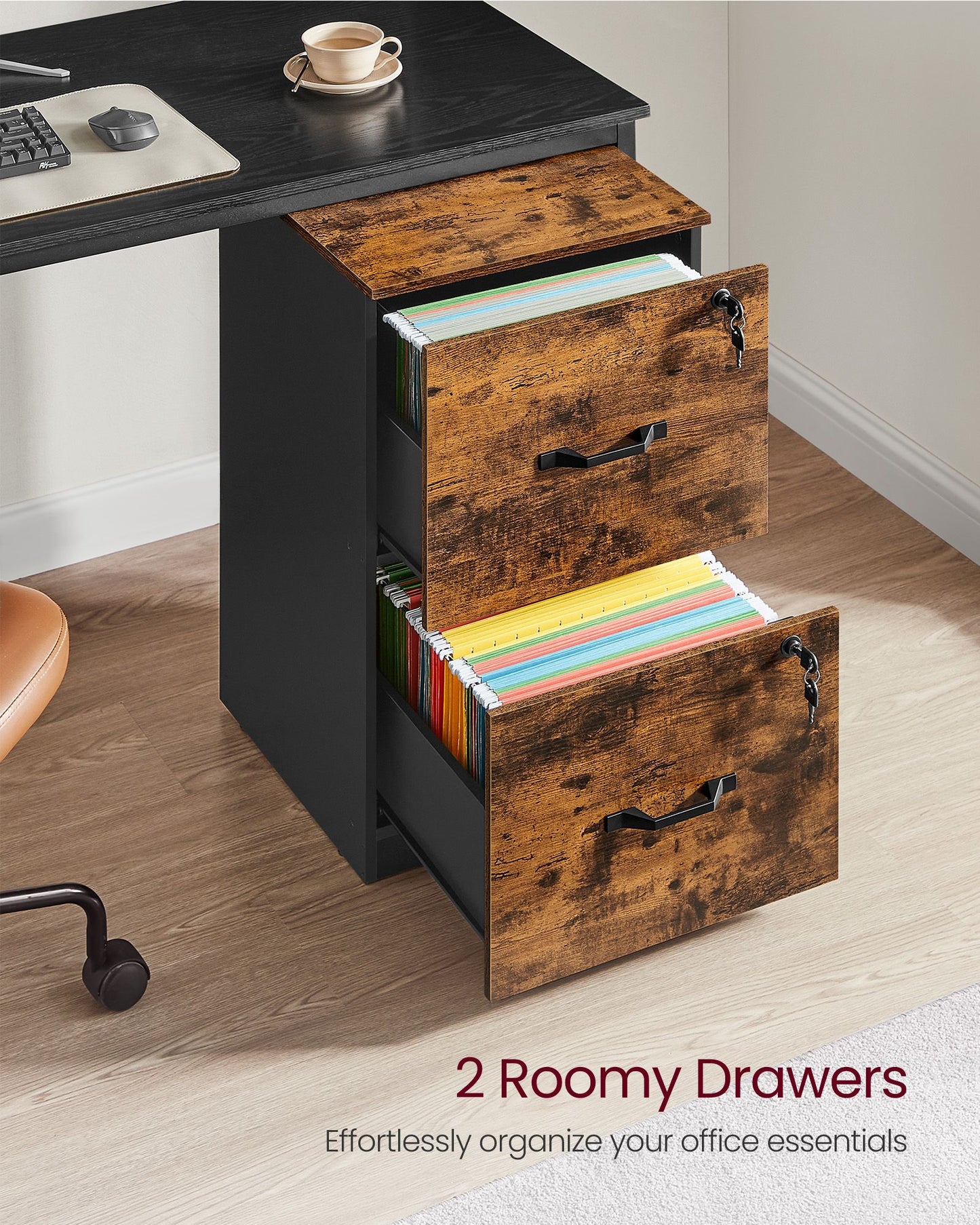 VASAGLE 2 Drawers File Cabinet with Lock, Printer Stand, Rustic Brown and Ink Black – Rustic Brown, Black