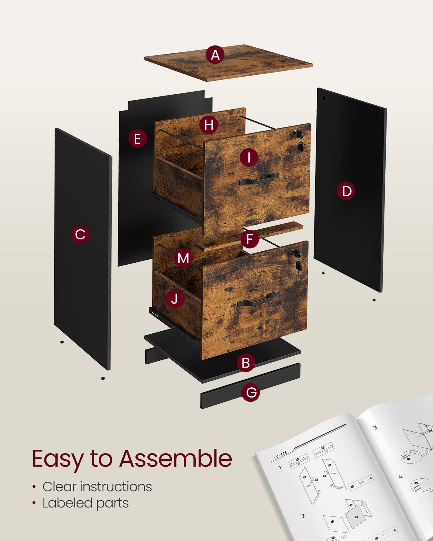 VASAGLE 2 Drawers File Cabinet with Lock, Printer Stand, Rustic Brown and Ink Black – Rustic Brown, Black