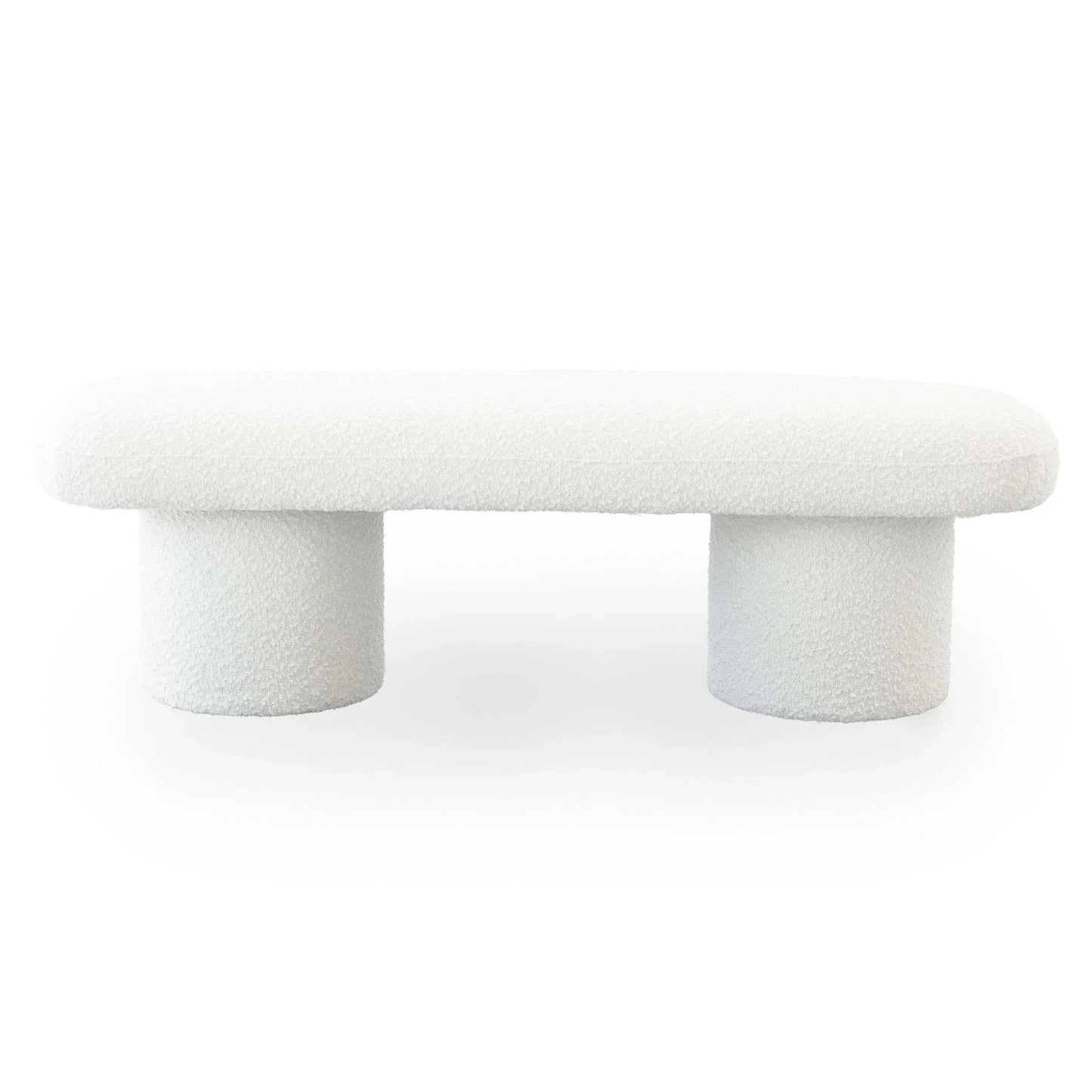 Modern white boucle bench with two round cylinder legs, contemporary furniture from FredCo International