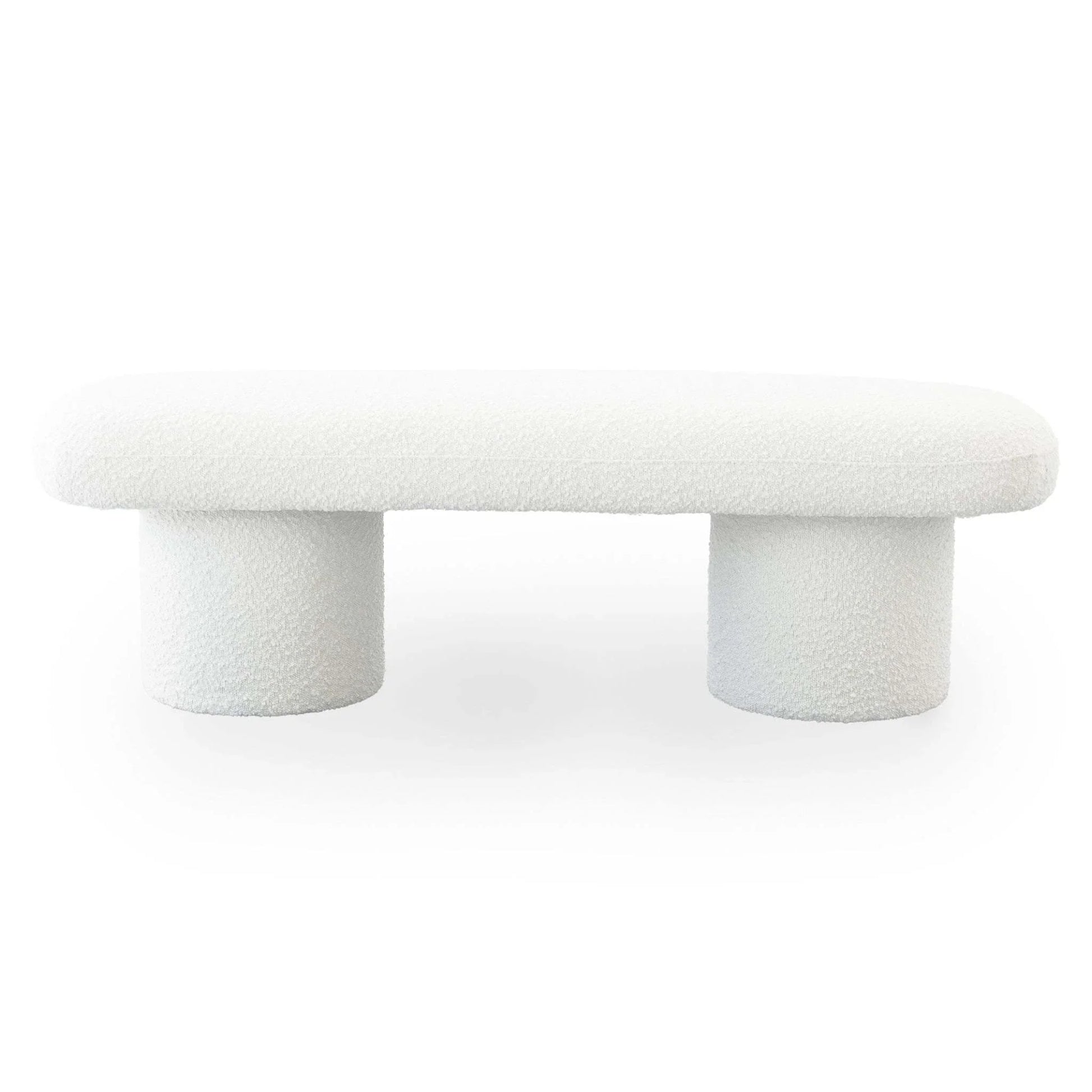 Modern white boucle bench with two round cylinder legs, contemporary furniture from FredCo International