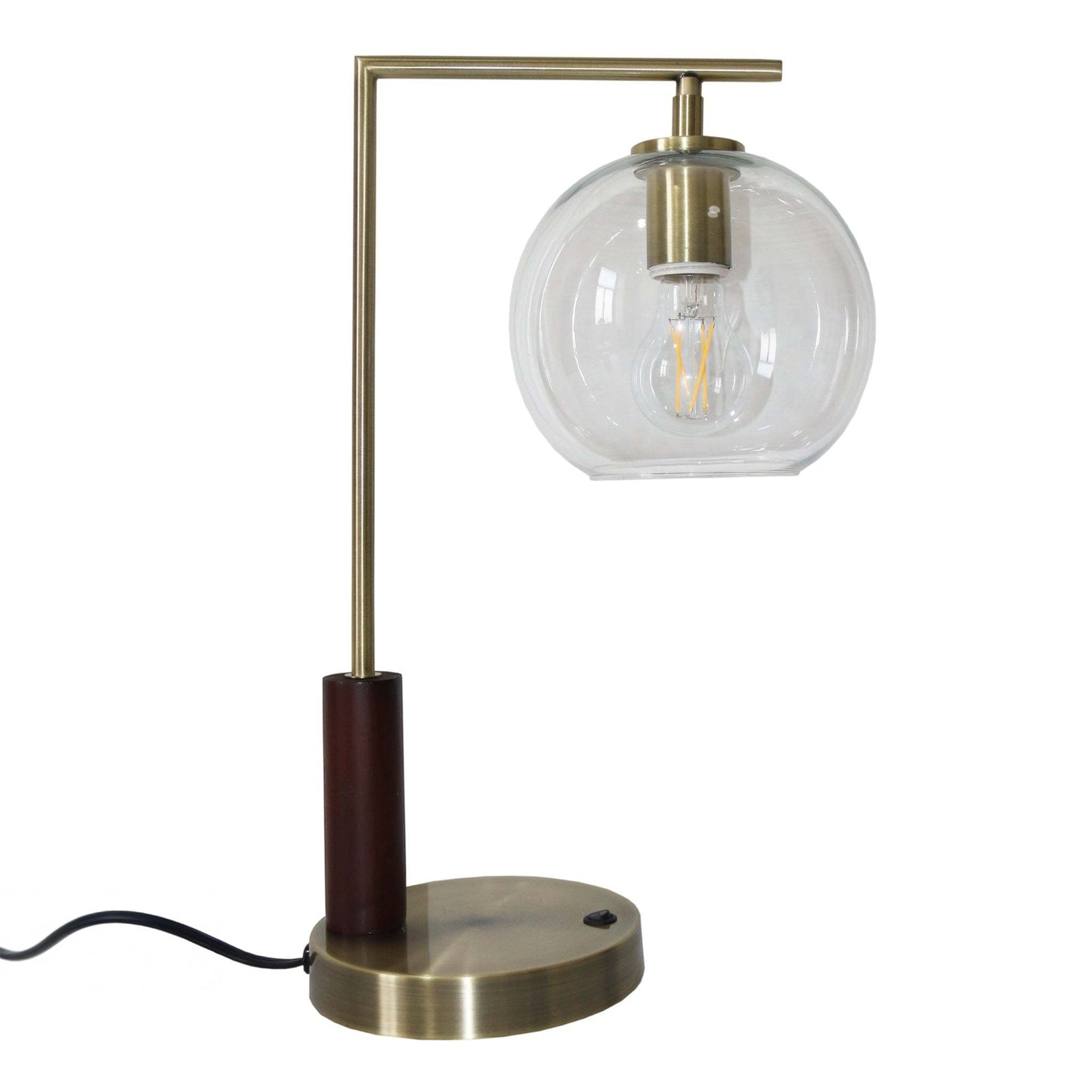 Modern brass table lamp with clear glass globe shade, home furniture accessory