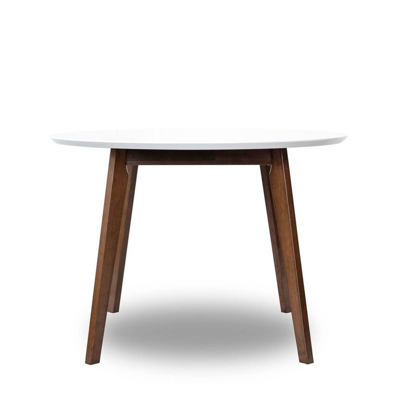 Modern round dining table with white top and wooden legs, FredCo International furniture