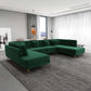 Modern living room with green sectional sofa on gray rug, large windows, and elegant decor