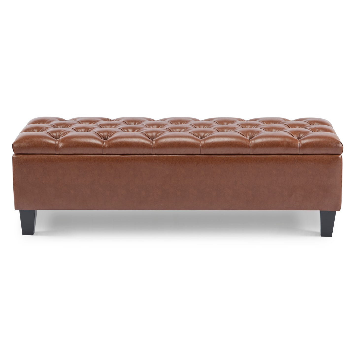 Ottoman Bench with Storage, Brown PU Surface, Rubber Wood Legs, 300 lbs Capacity