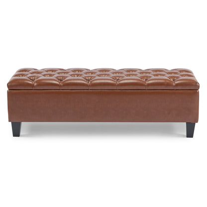 Ottoman Bench with Storage, Brown PU Surface, Rubber Wood Legs, 300 lbs Capacity