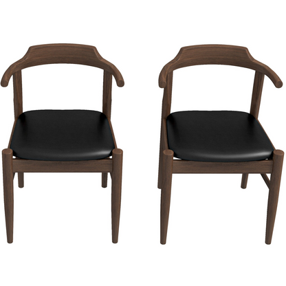 Leon Mid-Century Modern Leather Dining Chair Set of 2 with Solid Wood Frame in Black FredCo