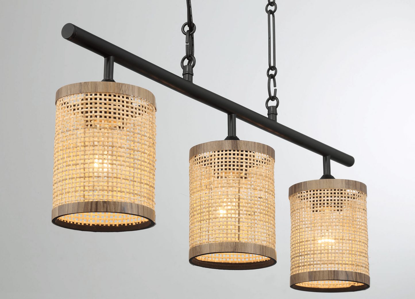Modern three-light woven rattan pendant chandelier with black metal bar, ideal for home decor