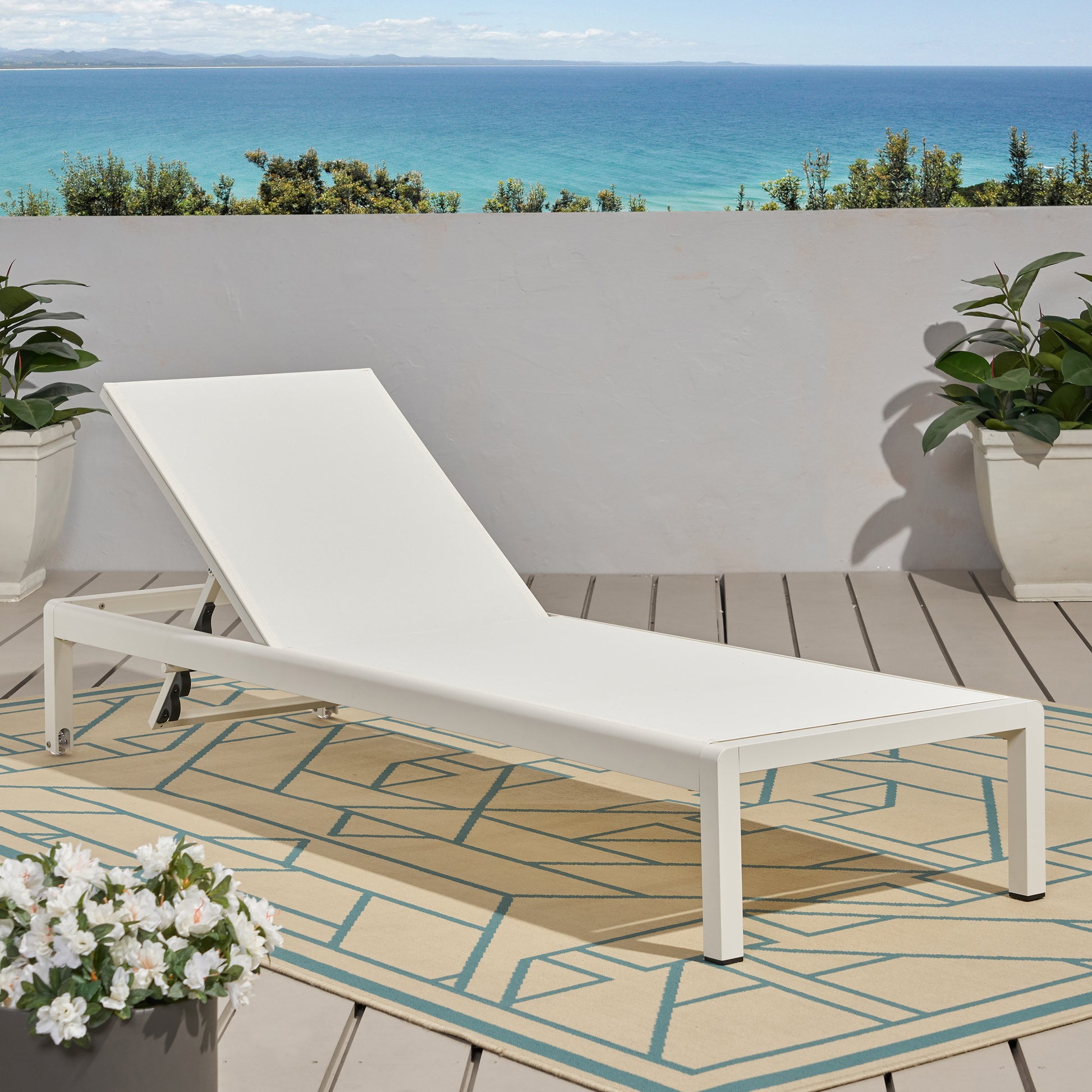 Outdoor Chaise Lounge Chair, Aluminum Adjustable Outside Chair for Pool Patio Beach Yard, All Weather Use UV Resistant 400lbs Weight Capacity, White FredCo