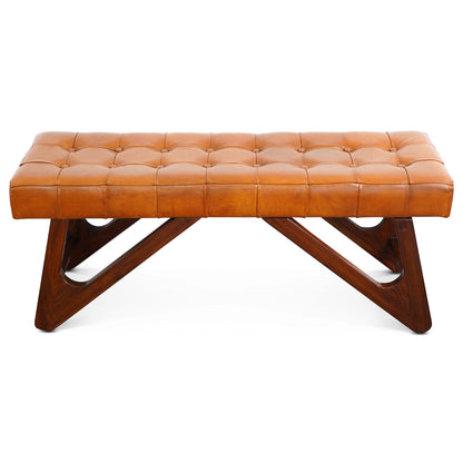 Mia Mid-Century Modern Tan Leather Bench with Buttons and Solid Wood Frame 18.9'H x 47.2'W x 15.7'D FredCo