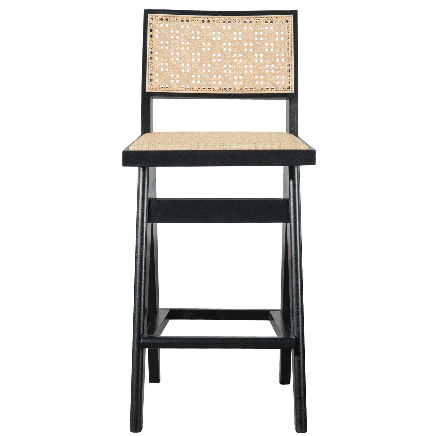 Keira Mid-Century Rattan Bar Stool Set of 2 with Leather Seat in Black 27.4In FredCo