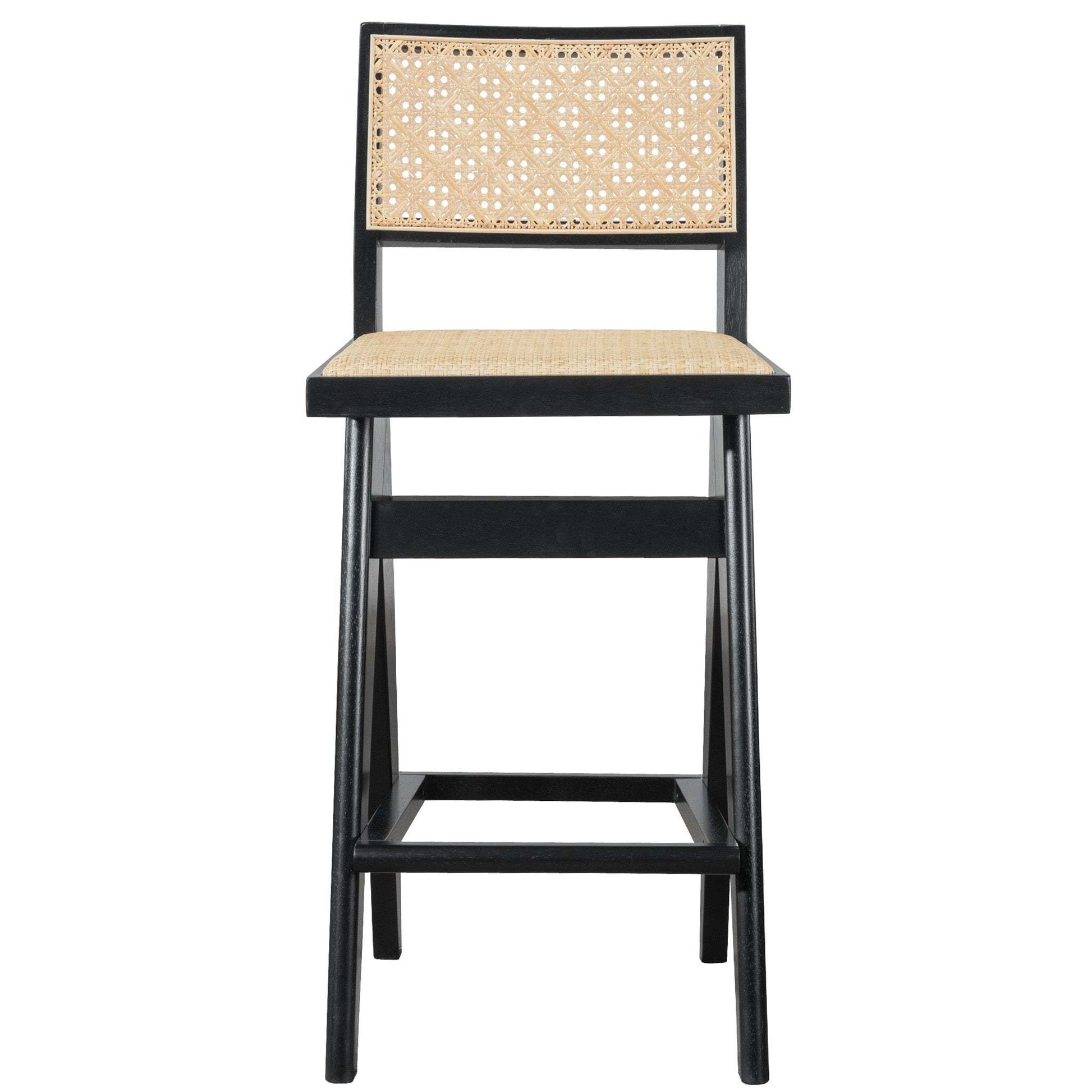 Keira Mid-Century Rattan Bar Stool Set of 2 with Leather Seat in Black 27.4In FredCo