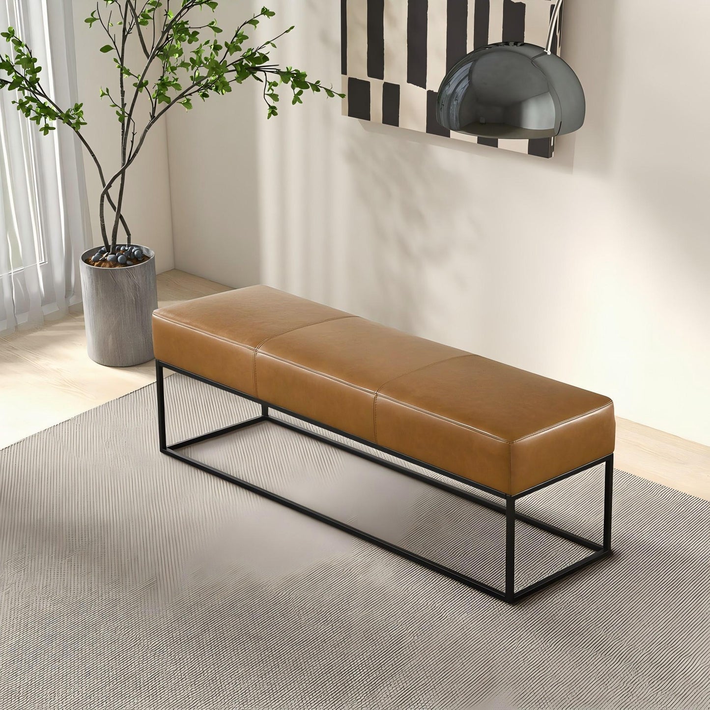 Modern brown leather bench with black metal frame in stylish living room, FredCo International furniture