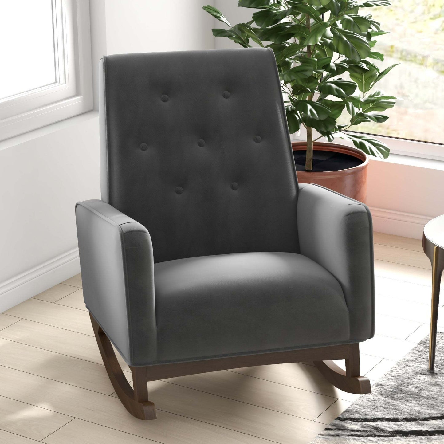 Elegant Style Demetrius Dark Grey Fabric Rocking Chair with Solid Wood Frame for Living Room and Nursery 36.6'H x 27.5'W x 39'D for Living Room Bedroom Reading FredCo