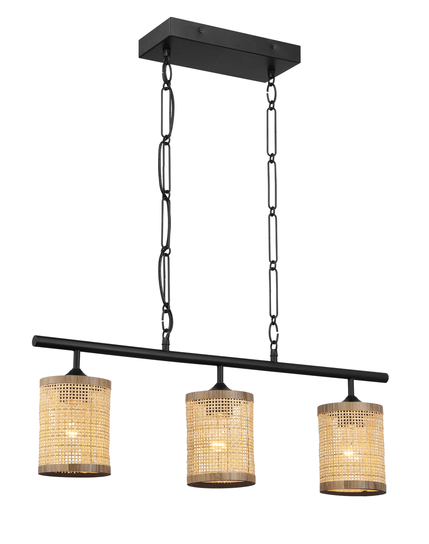Modern black chandelier with three woven rattan pendant lamp shades, FredCo International