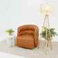 Modern brown leather accent chair with white side table and tripod floor lamp on area rug