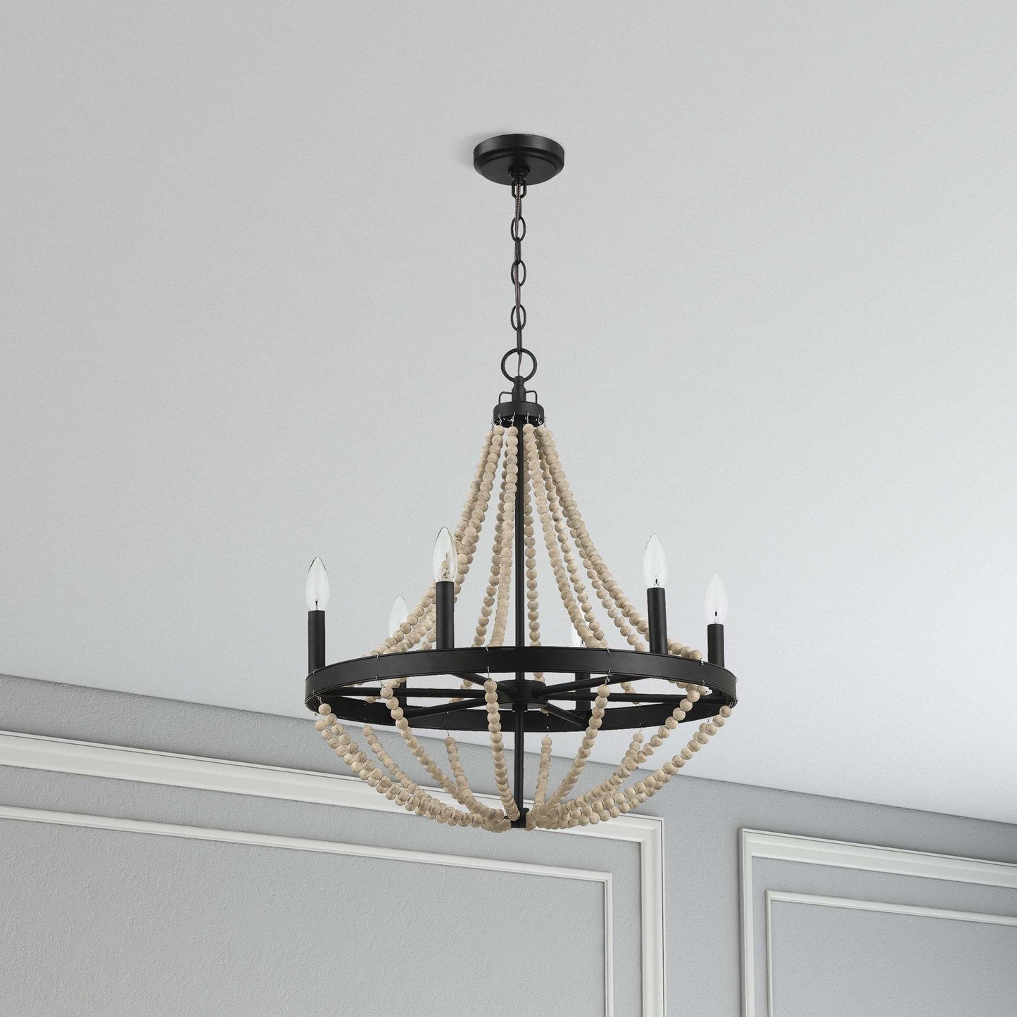 Starry Wood Chandelier Farmhouse Six Candle Light Wood Beaded Black Pendant Light for Dining Room FredCo