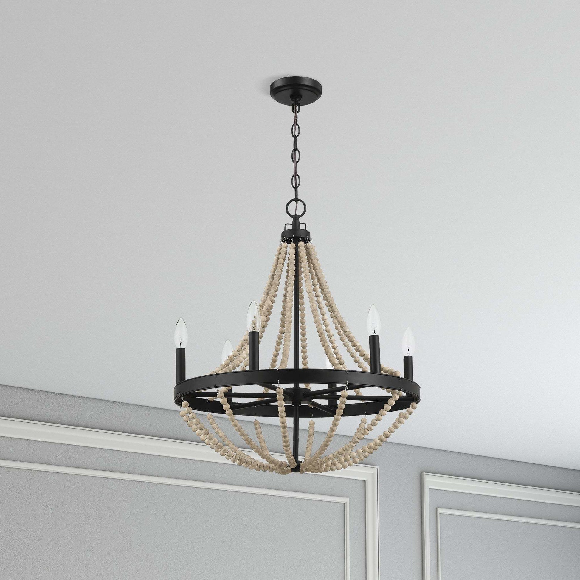 Starry Wood Chandelier Farmhouse Six Candle Light Wood Beaded Black Pendant Light for Dining Room FredCo