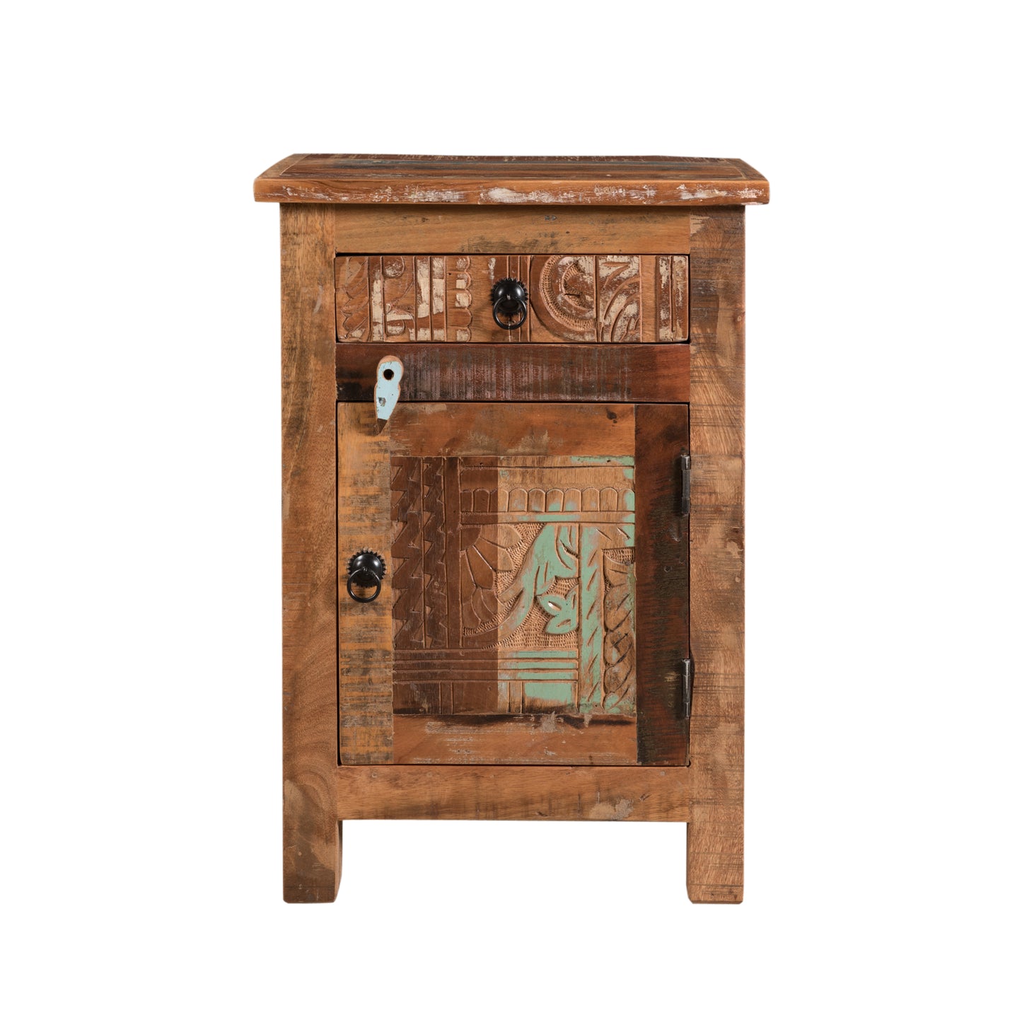 CARVED SIDE TABLE in Natural with Recycled Wood, Distressed Finish, One Drawer and Cabinet, 18.00' W x 13.00' D x 26.00' H