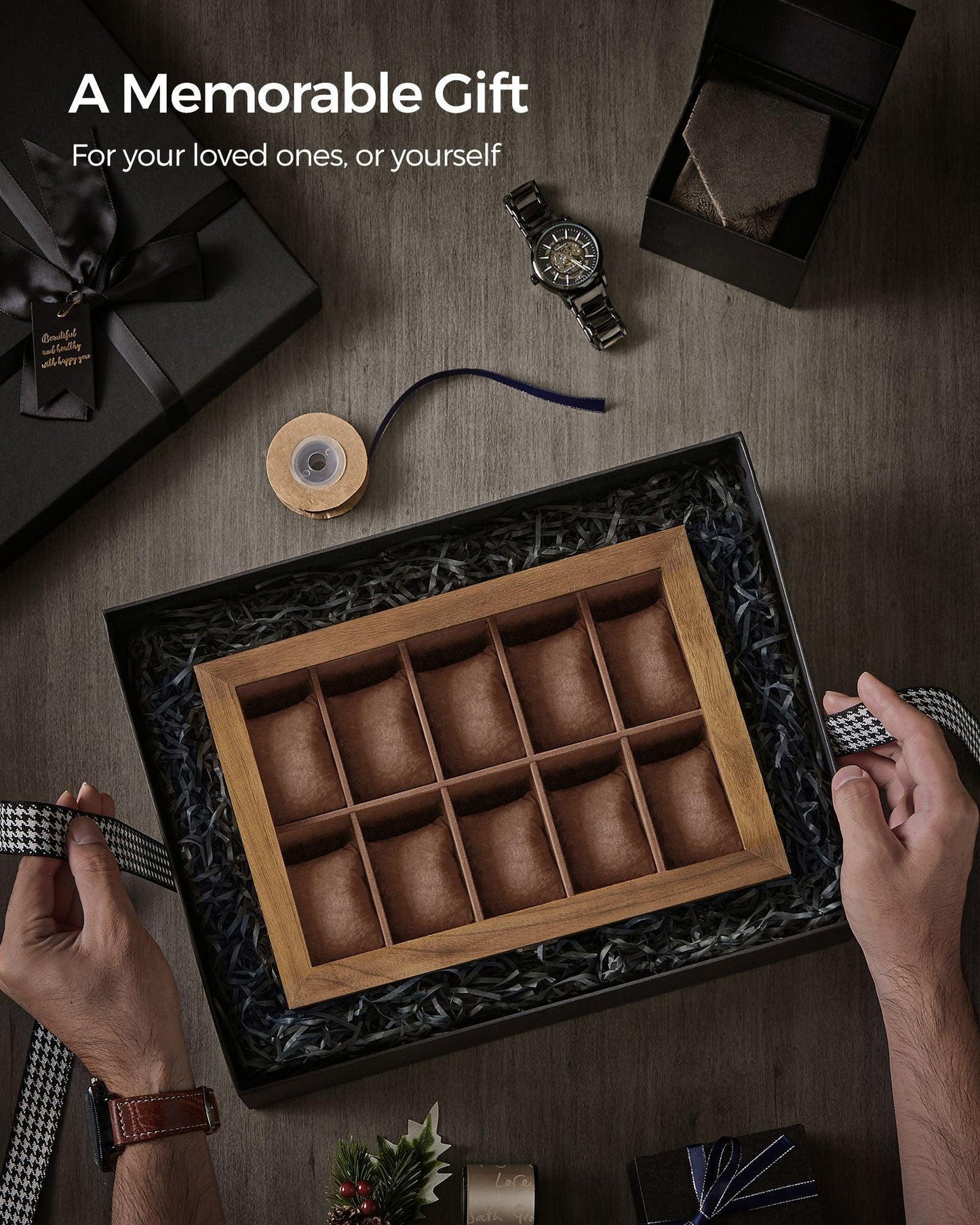 10-Slot Solid Wood Watch Box Rustic Walnut FredCo