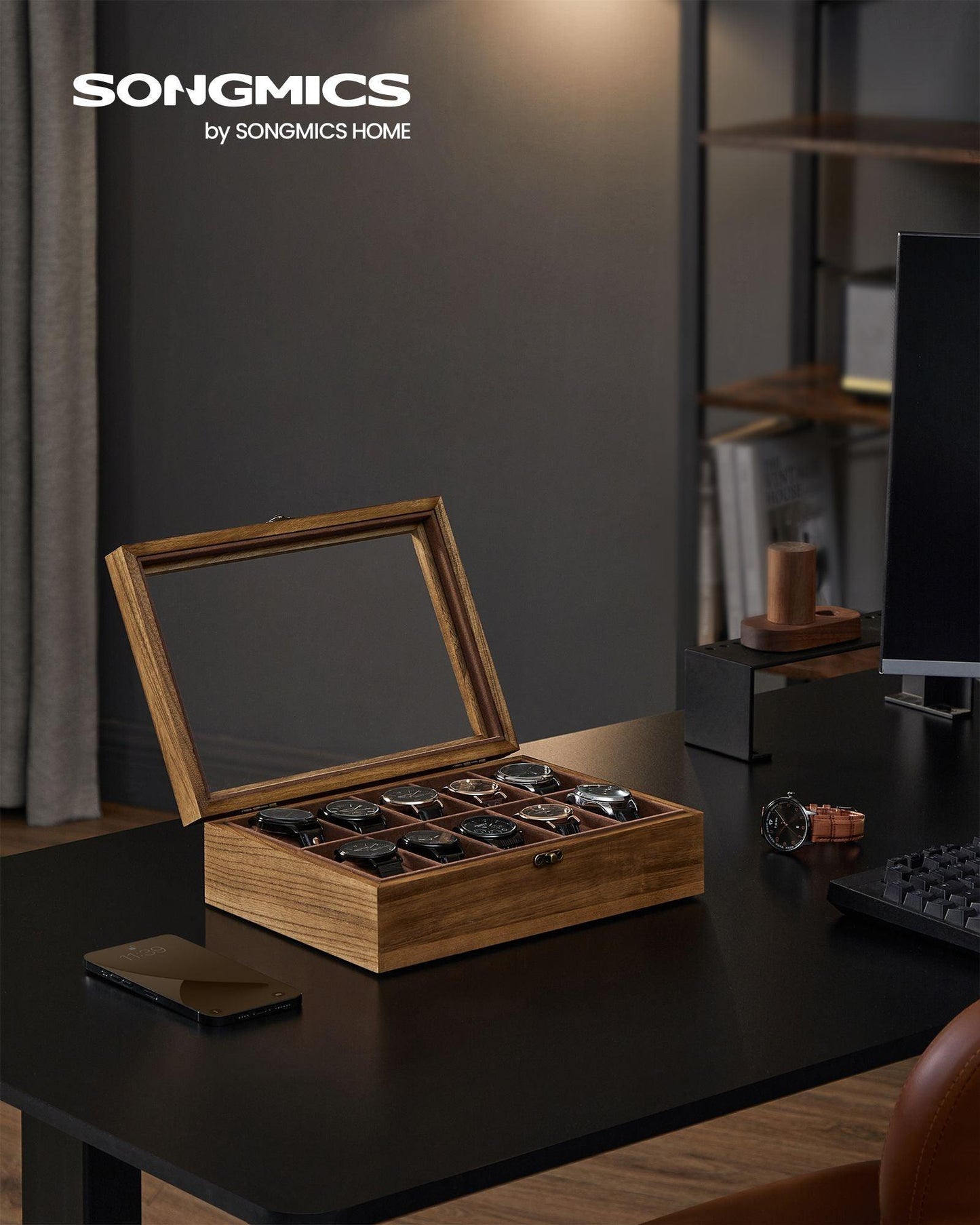 10-Slot Solid Wood Watch Box Rustic Walnut FredCo