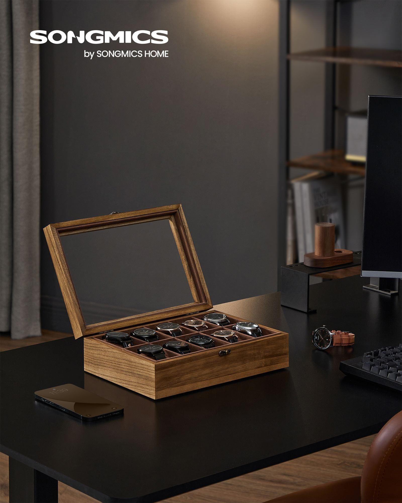 10-Slot Solid Wood Watch Box Rustic Walnut FredCo
