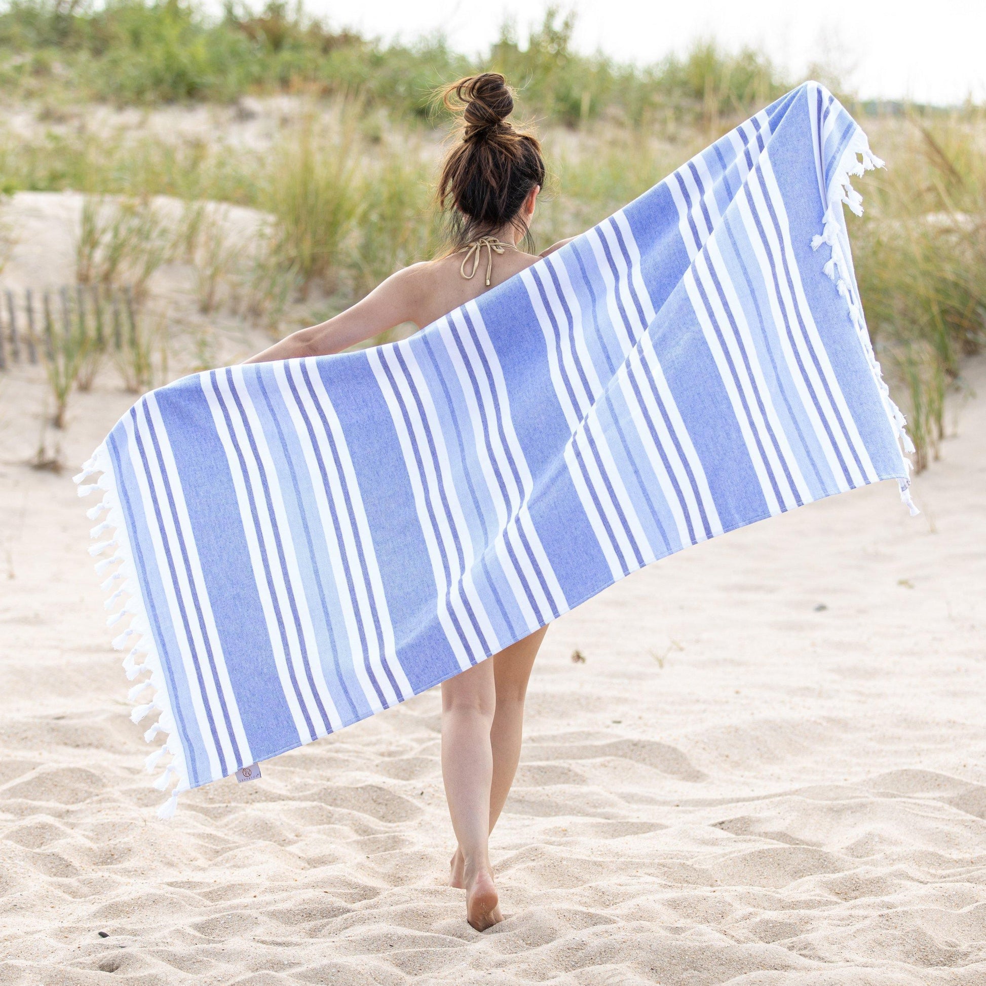 100% Cotton Fouta Beach Towel, Meera Stripes with Fringes FredCo