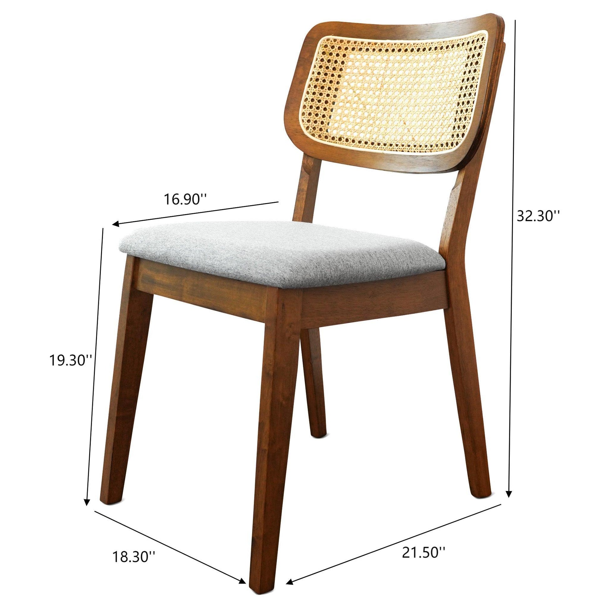 Modern wooden dining chair with grey cushion, cane backrest, and dimensions listed