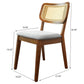 Modern wooden dining chair with grey cushion, cane backrest, and dimensions listed