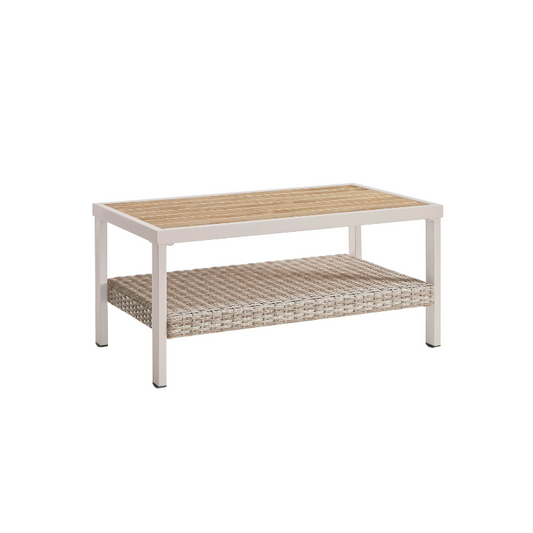SONGMICS HOME Sencillo Outdoor Steel Coffee Table with Storage, Bone Color – Cloud White, Light Teak