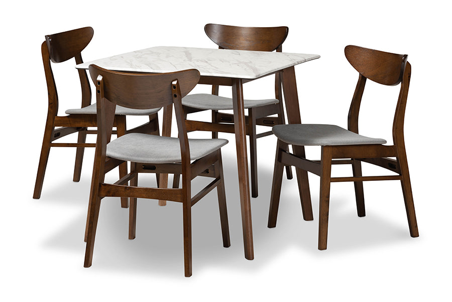 Baxton Studio Paras Mid-Century Modern Transitional Light Grey Fabric Upholstered and Walnut Brown Finished Wood 5-Piece Dining Set with Faux Marble Dining Table