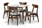 Baxton Studio Paras Mid-Century Modern Transitional Light Grey Fabric Upholstered and Walnut Brown Finished Wood 5-Piece Dining Set with Faux Marble Dining Table