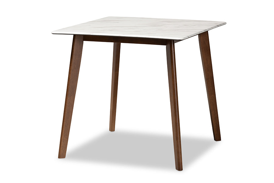 Baxton Studio Paras Mid-Century Modern Transitional Light Grey Fabric Upholstered and Walnut Brown Finished Wood 5-Piece Dining Set with Faux Marble Dining Table