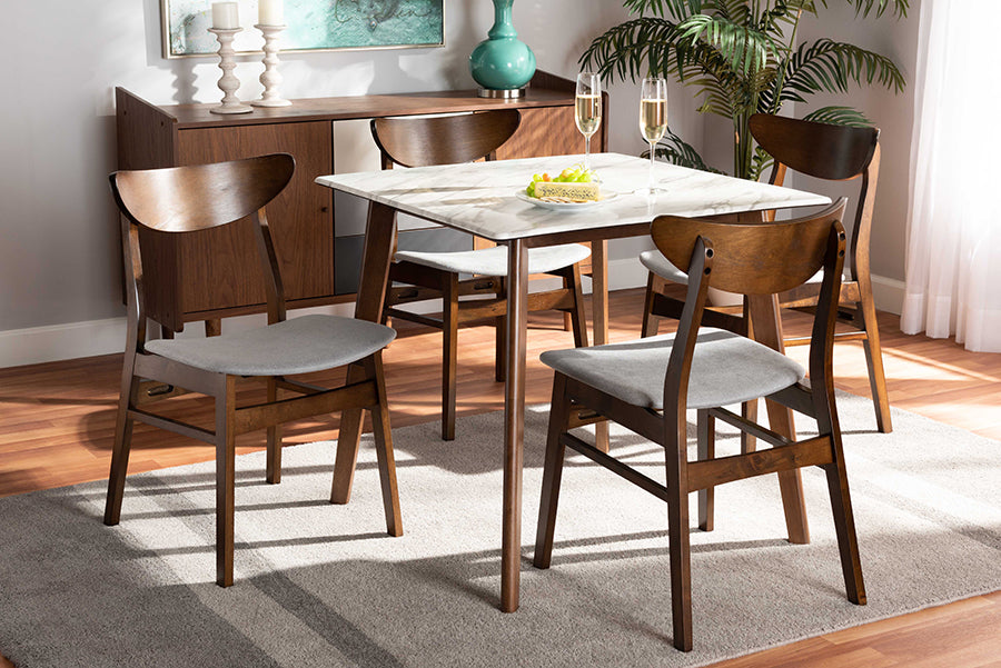 Baxton Studio Paras Mid-Century Modern Transitional Light Grey Fabric Upholstered and Walnut Brown Finished Wood 5-Piece Dining Set with Faux Marble Dining Table