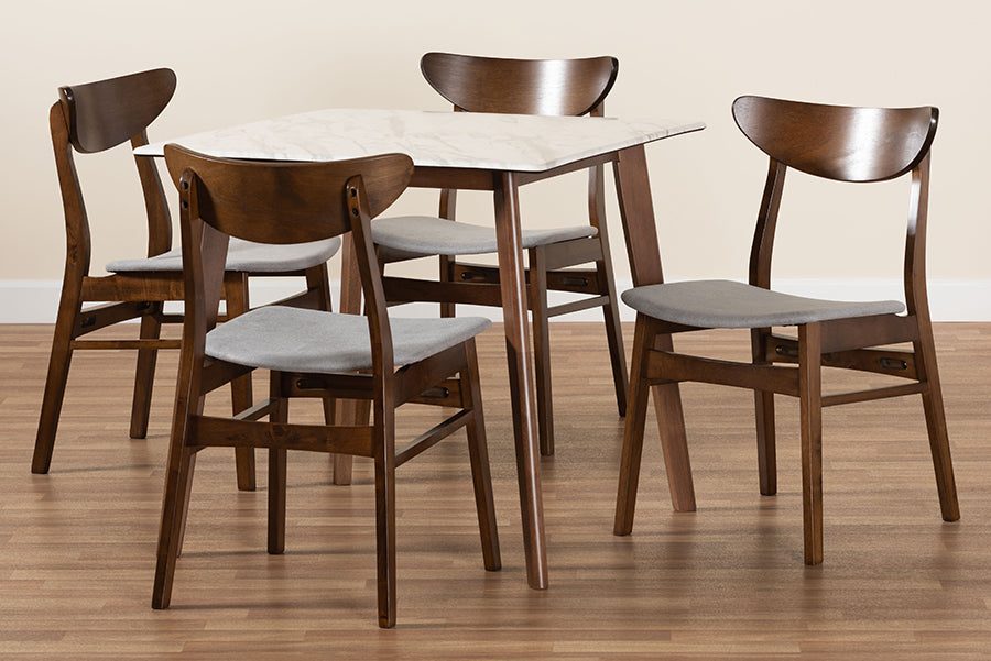 Baxton Studio Paras Mid-Century Modern Transitional Light Grey Fabric Upholstered and Walnut Brown Finished Wood 5-Piece Dining Set with Faux Marble Dining Table