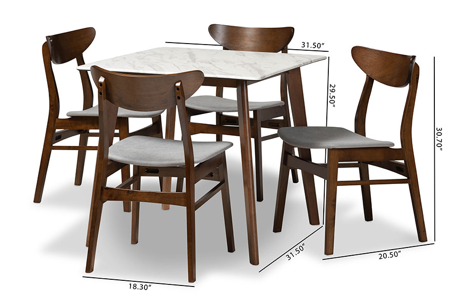 Baxton Studio Paras Mid-Century Modern Transitional Light Grey Fabric Upholstered and Walnut Brown Finished Wood 5-Piece Dining Set with Faux Marble Dining Table