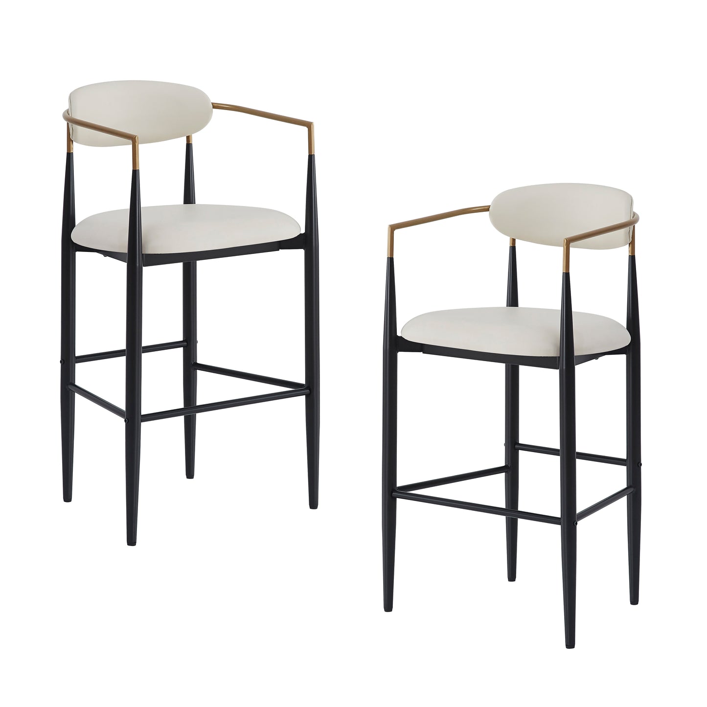 Barstools Set of 2, Upholstered Bar Stools with Back for Kitchen Island, Beige Faux PU Leather Seating, Black Iron Legs 260LBS Weight Capacity