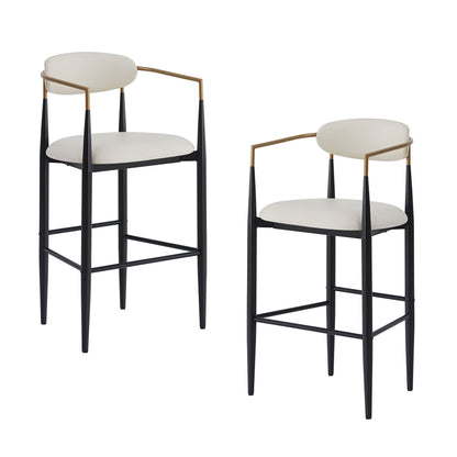 Barstools Set of 2, Upholstered Bar Stools with Back for Kitchen Island, Beige Faux PU Leather Seating, Black Iron Legs 260LBS Weight Capacity