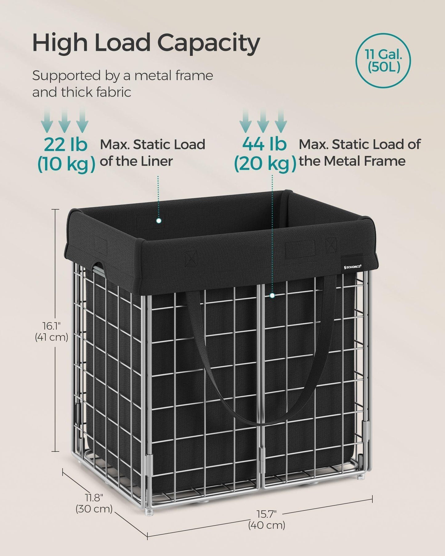 11-Gallon Laundry Hamper Silver and Classic Black FredCo
