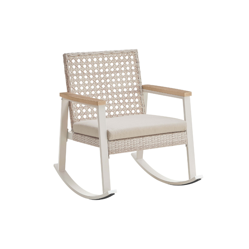 SONGMICS HOME Sencillo Outdoor Steel Rocking Chair, Bone Color – Cloud White, Light Teak