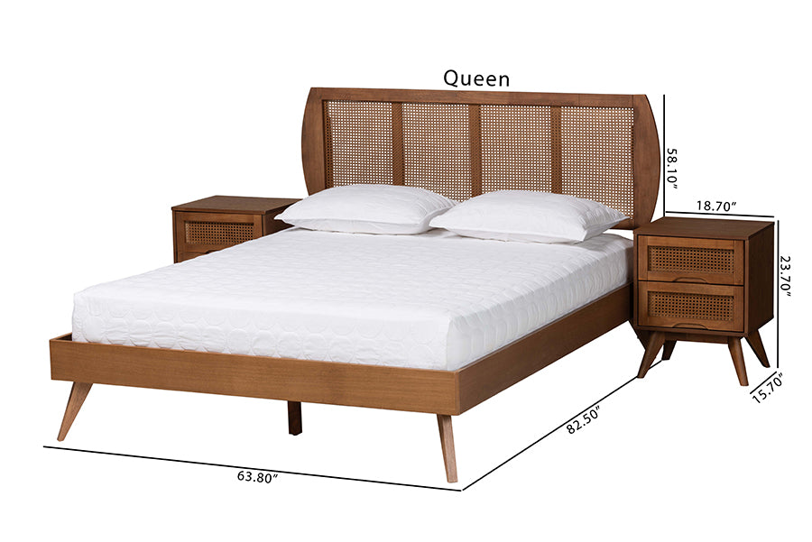 Baxton Studio Asami Mid-Century Modern Walnut Brown Finished Wood and Woven Rattan King Size 3-Piece Bedroom Set